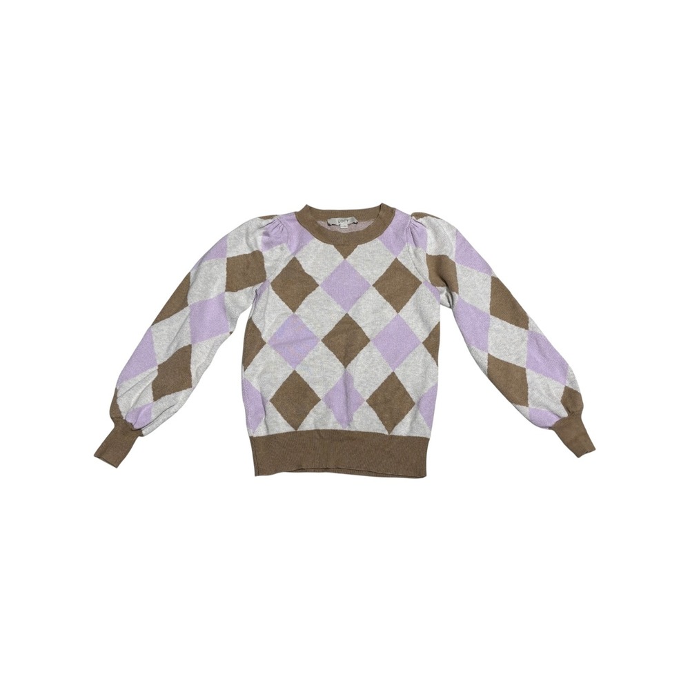 LOFT Argyle Sweater XS Pink Beige Cream Puff Sleeve Soft Knit Womens - Picture 2 of 6